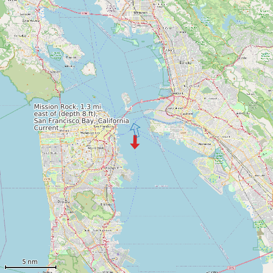 Map of Mission Rock, 1.3 mi east of (depth 8 ft), San Francisco Bay, California Current Prediction Station