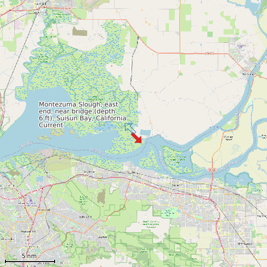 Map of Montezuma Slough, east end, near bridge (depth 6 ft), Suisun Bay, California Current Prediction Station
