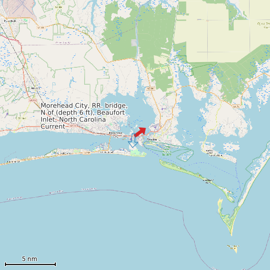 Map of Morehead City, RR. bridge, N of (depth 6 ft), Beaufort Inlet, North Carolina Current Prediction Station