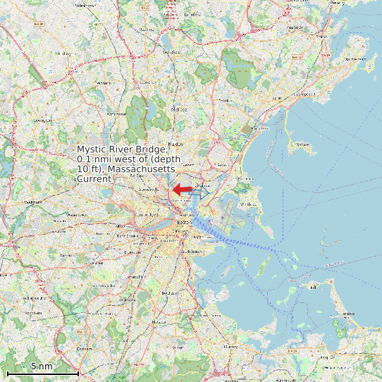 Map of Mystic River Bridge, 0.1 nmi west of (depth 10 ft), Massachusetts Current Prediction Station