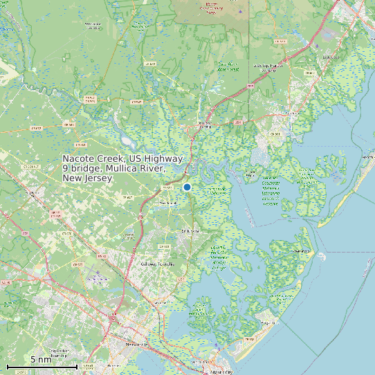 Map of Nacote Creek, US Highway 9 bridge, Mullica River, New Jersey Tide Prediction Station
