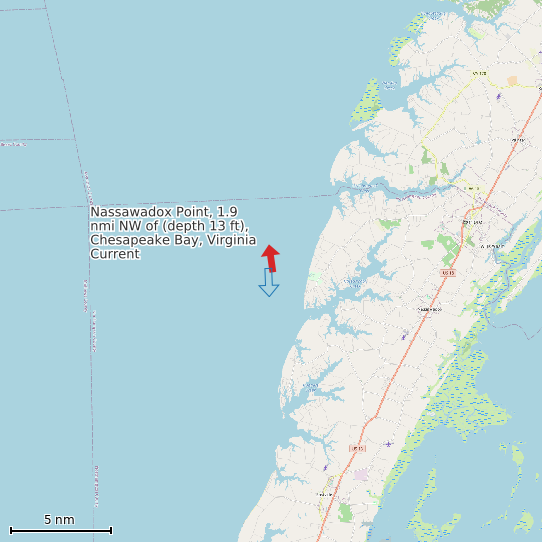 Map of Nassawadox Point, 1.9 nmi NW of (depth 13 ft), Chesapeake Bay, Virginia Current Prediction Station