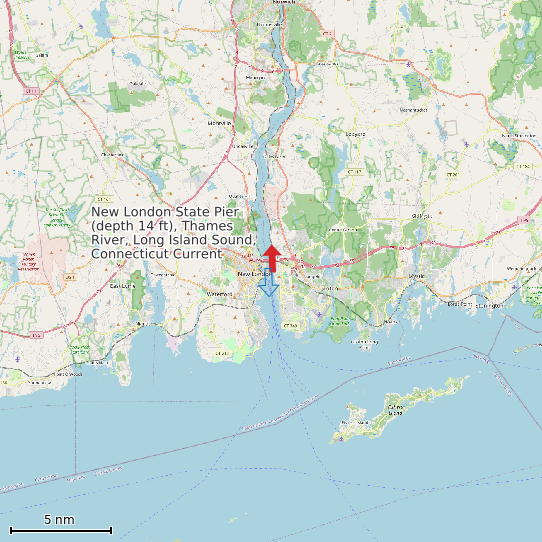 Map of New London State Pier (depth 14 ft), Thames River, Long Island Sound, Connecticut Current Prediction Station