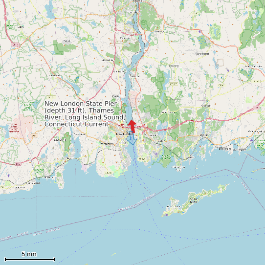 Map of New London State Pier (depth 31 ft), Thames River, Long Island Sound, Connecticut Current Prediction Station