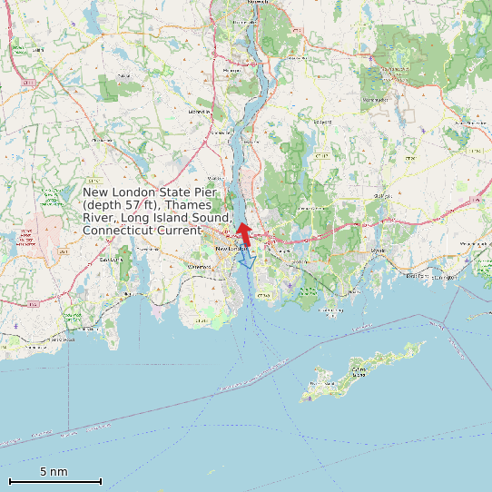Map of New London State Pier (depth 57 ft), Thames River, Long Island Sound, Connecticut Current Prediction Station