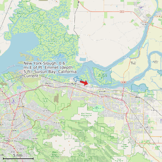 Map of New York Slough, 0.6 mi E of Pt. Emmet (depth 5 ft), Suisun Bay, California Current Prediction Station
