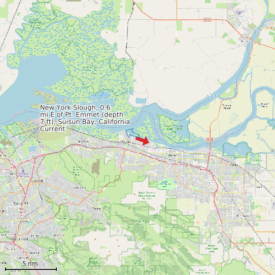 Map of New York Slough, 0.6 mi E of Pt. Emmet (depth 7 ft), Suisun Bay, California Current Prediction Station