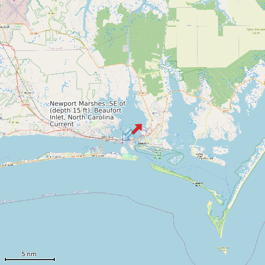Map of Newport Marshes, SE of (depth 15 ft), Beaufort Inlet, North Carolina Current Prediction Station