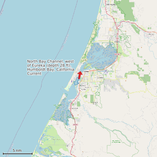 Map of North Bay Channel, west of Eureka (depth 28 ft), Humboldt Bay, California Current Prediction Station