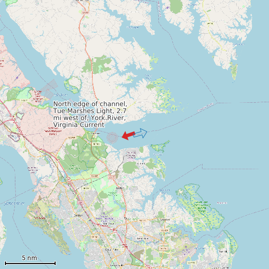 Map of North edge of channel, Tue Marshes Light, 2.7 mi west of, York River, Virginia Current Prediction Station