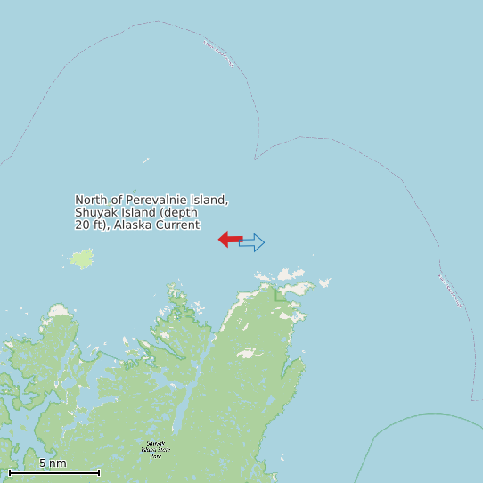 Map of North of Perevalnie Island, Shuyak Island (depth 20 ft), Alaska Current Prediction Station