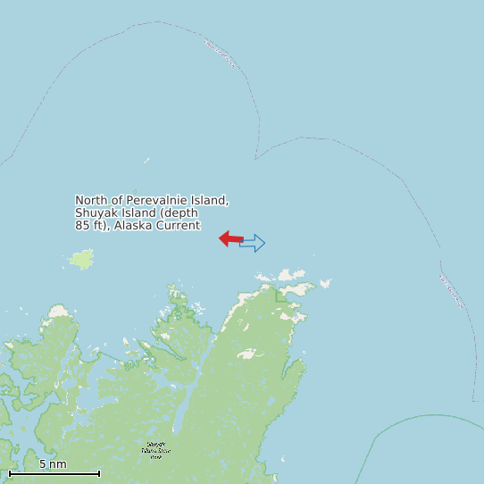 Map of North of Perevalnie Island, Shuyak Island (depth 85 ft), Alaska Current Prediction Station