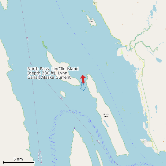 Map of North Pass, Lincoln Island (depth 230 ft), Lynn Canal, Alaska Current Prediction Station