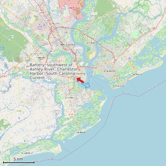 Map of Battery, southwest of, Ashley River, Charleston Harbor, South Carolina Current Prediction Station