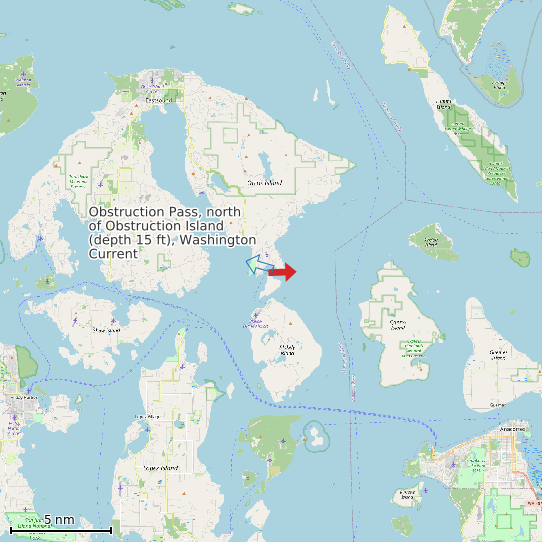 Map of Obstruction Pass, north of Obstruction Island (depth 15 ft), Washington Current Prediction Station