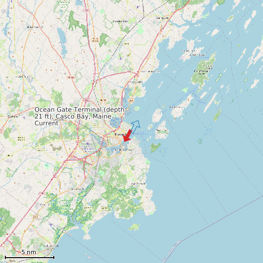Map of Ocean Gate Terminal (depth 21 ft), Casco Bay, Maine Current Prediction Station