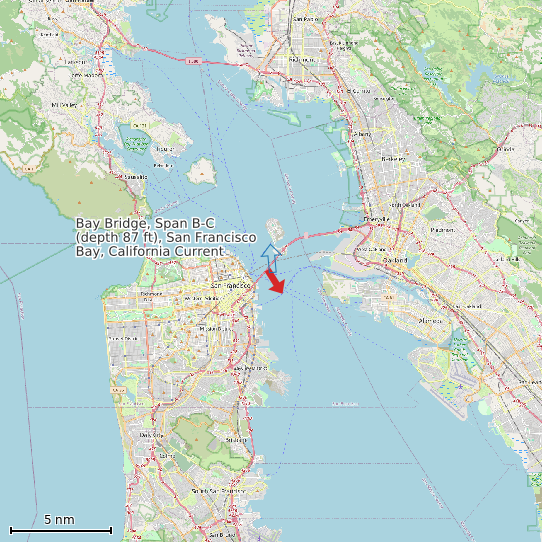 Map of Bay Bridge, Span B-C (depth 87 ft), San Francisco Bay, California Current Prediction Station