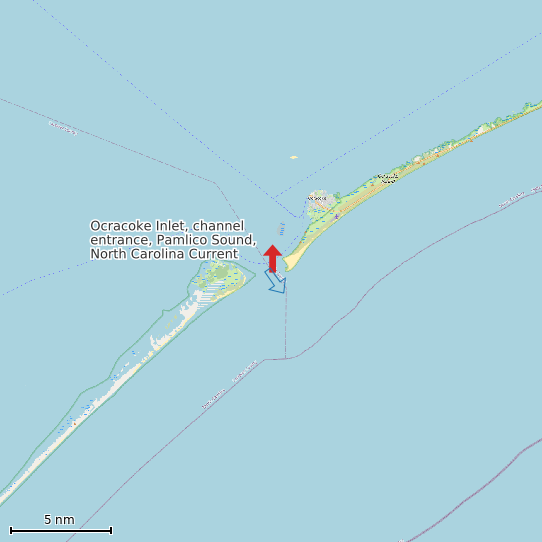 Map of Ocracoke Inlet, channel entrance, Pamlico Sound, North Carolina Current Prediction Station