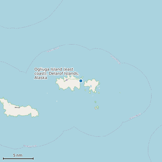 Map of Ogliuga Island (east coast), Delarof Islands, Alaska Tide Prediction Station