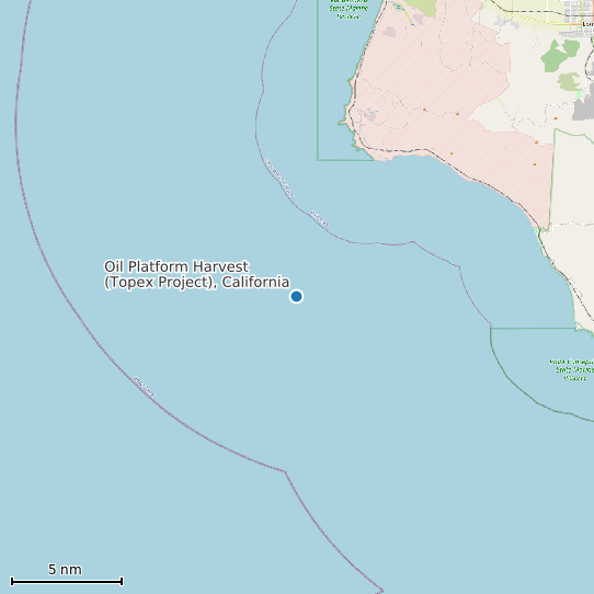 Map of Oil Platform Harvest (Topex Project), California Tide Prediction Station