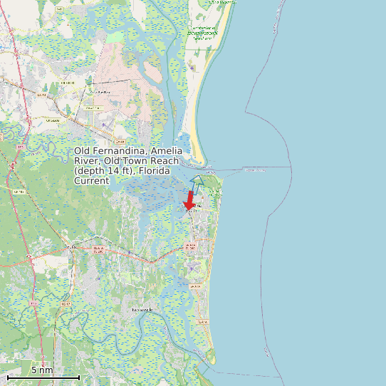 Map of Old Fernandina, Amelia River, Old Town Reach (depth 14 ft), Florida Current Prediction Station