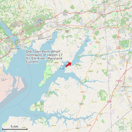 Map of Old Town Point Wharf, northwest of (depth 17 ft), Elk River, Maryland Current Prediction Station