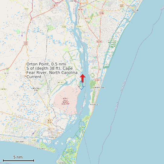 Map of Orton Point, 0.5 nmi S of (depth 38 ft), Cape Fear River, North Carolina Current Prediction Station