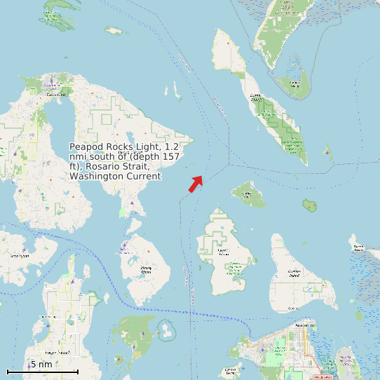 Map of Peapod Rocks Light, 1.2 nmi south of (depth 157 ft), Rosario Strait, Washington Current Prediction Station