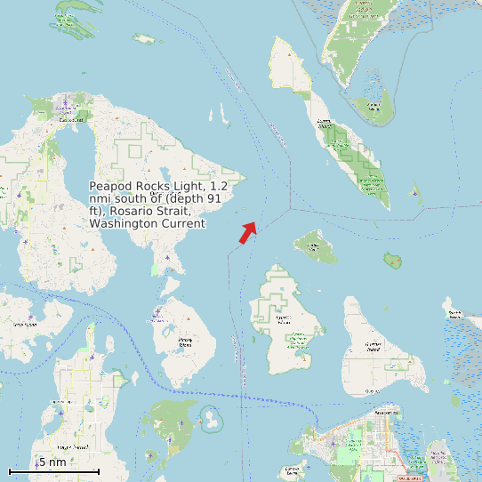 Map of Peapod Rocks Light, 1.2 nmi south of (depth 91 ft), Rosario Strait, Washington Current Prediction Station