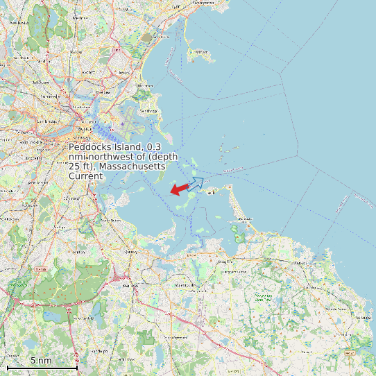 Map of Peddocks Island, 0.3 nmi northwest of (depth 25 ft), Massachusetts Current Prediction Station
