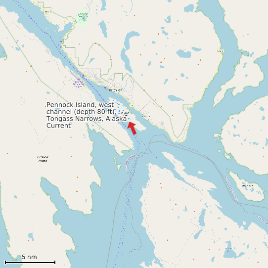 Map of Pennock Island, west channel (depth 80 ft), Tongass Narrows, Alaska Current Prediction Station