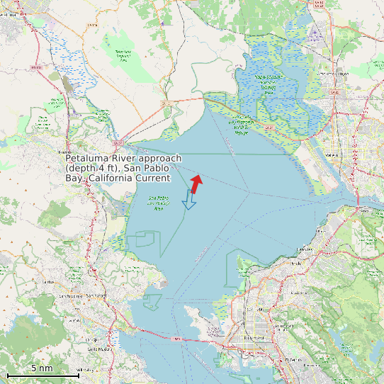 Map of Petaluma River approach (depth 4 ft), San Pablo Bay, California Current Prediction Station