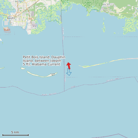 Map of Petit Bois Island, Dauphin Island, between (depth 5 ft), Alabama Current Prediction Station