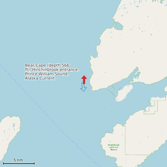 Map of Bear Cape (depth 566 ft), Hinchinbrook entrance, Prince William Sound, Alaska Current Prediction Station