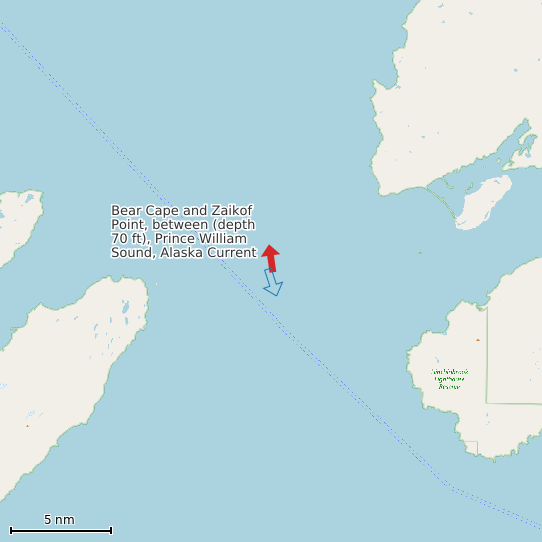 Map of Bear Cape and Zaikof Point, between (depth 70 ft), Prince William Sound, Alaska Current Prediction Station