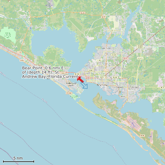 Map of Bear Point, 0.6 nmi E of (depth 14 ft), St. Andrew Bay, Florida Current Prediction Station