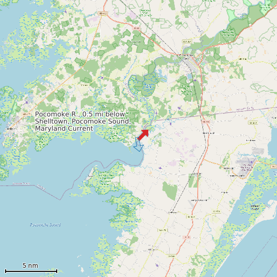 Map of Pocomoke R., 0.5 mi below Shelltown, Pocomoke Sound, Maryland Current Prediction Station