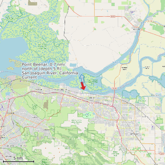 Map of Point Beenar, 0.7 nmi north of (depth 5 ft), San Joaquin River, California Current Prediction Station