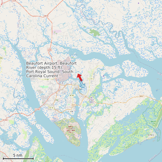 Map of Beaufort Airport, Beaufort River (depth 15 ft), Port Royal Sound, South Carolina Current Prediction Station