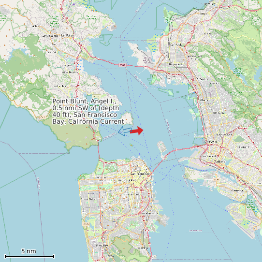 Map of Point Blunt, Angel I., 0.5 nmi SW of (depth 40 ft), San Francisco Bay, California Current Prediction Station