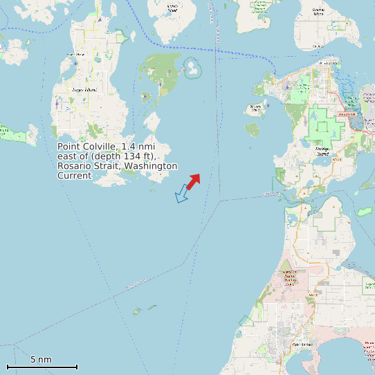 Map of Point Colville, 1.4 nmi east of (depth 134 ft), Rosario Strait, Washington Current Prediction Station