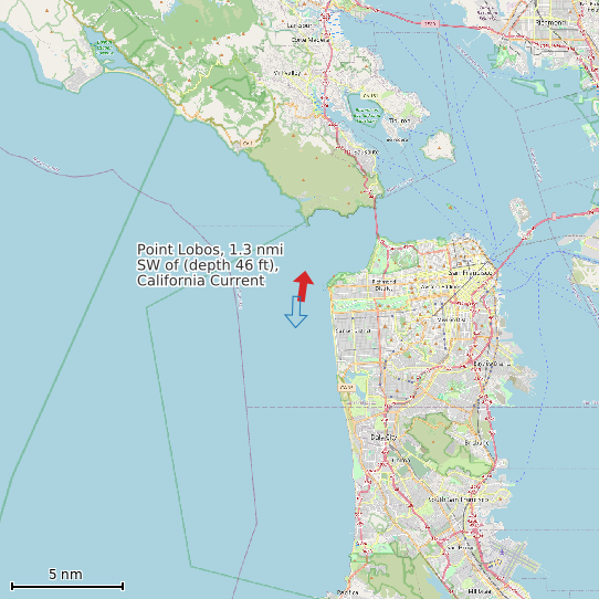 Map of Point Lobos, 1.3 nmi SW of (depth 46 ft), California Current Prediction Station