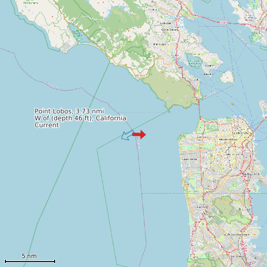 Map of Point Lobos, 3.73 nmi W of (depth 46 ft), California Current Prediction Station