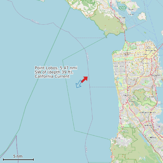 Map of Point Lobos, 5.47 nmi SW of (depth 39 ft), California Current Prediction Station