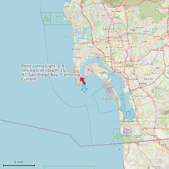 Map of Point Loma Light, 0.8 nmi east of (depth 15 ft), San Diego Bay, California Current Prediction Station