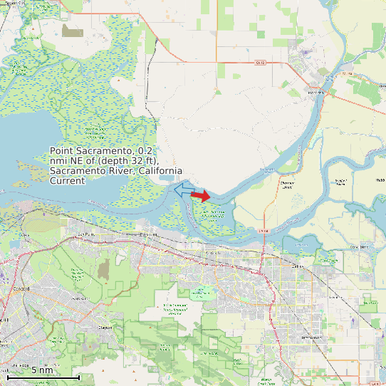 Map of Point Sacramento, 0.2 nmi NE of (depth 32 ft), Sacramento River, California Current Prediction Station