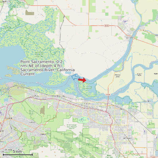 Map of Point Sacramento, 0.2 nmi NE of (depth 4 ft), Sacramento River, California Current Prediction Station