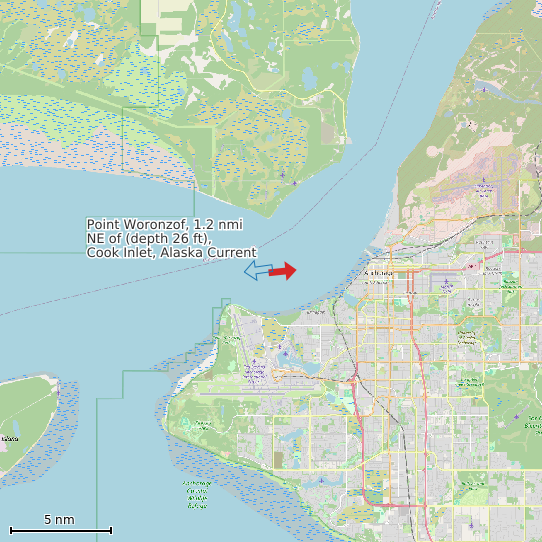 Map of Point Woronzof, 1.2 nmi NE of (depth 26 ft), Cook Inlet, Alaska Current Prediction Station