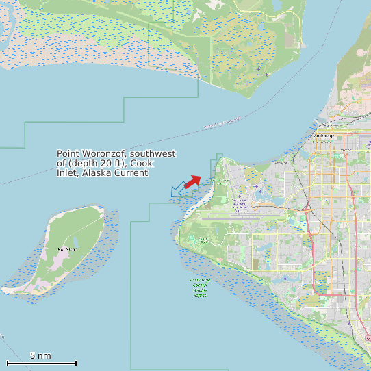 Map of Point Woronzof, southwest of (depth 20 ft), Cook Inlet, Alaska Current Prediction Station