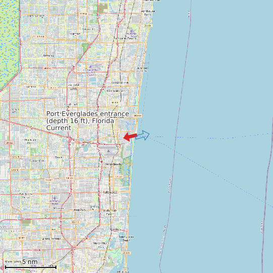 Map of Port Everglades entrance (depth 16 ft), Florida Current Prediction Station
